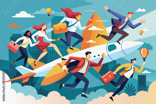 A group of people sitting on the roof of an airplane while it is flying in the sky, People flying Customizable Semi Flat Illustration