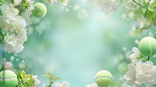 Tennis ball and pretty flowers, green banner background with copy space, copy space, space for text, Generative AI,テニスボールと可愛い花、コピー スペースのある緑のバナーの背景,コピースペース,テキスト用スペース,Generative AI,