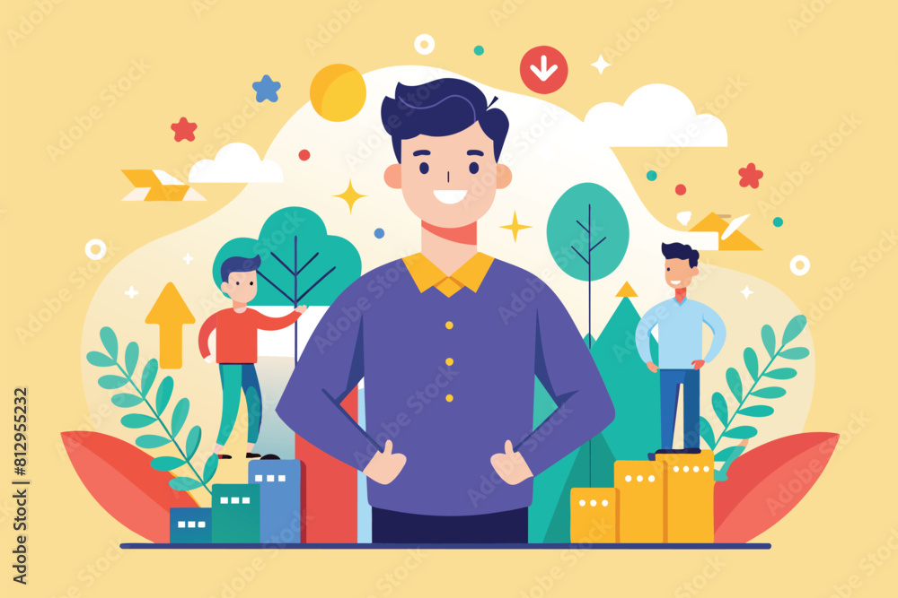 A man stands in front of multiple suitcases, ready for travel, Personal growth Customizable Disproportionate Illustration A man stands in front of multiple suitcases, ready for travel, Personal growth Customizable Disproportionate Illustration