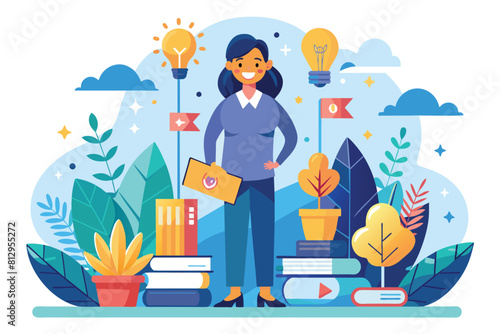 A woman stands next to a tall stack of books, appearing thoughtful and surrounded by knowledge, Personal growth Customizable Flat Illustration