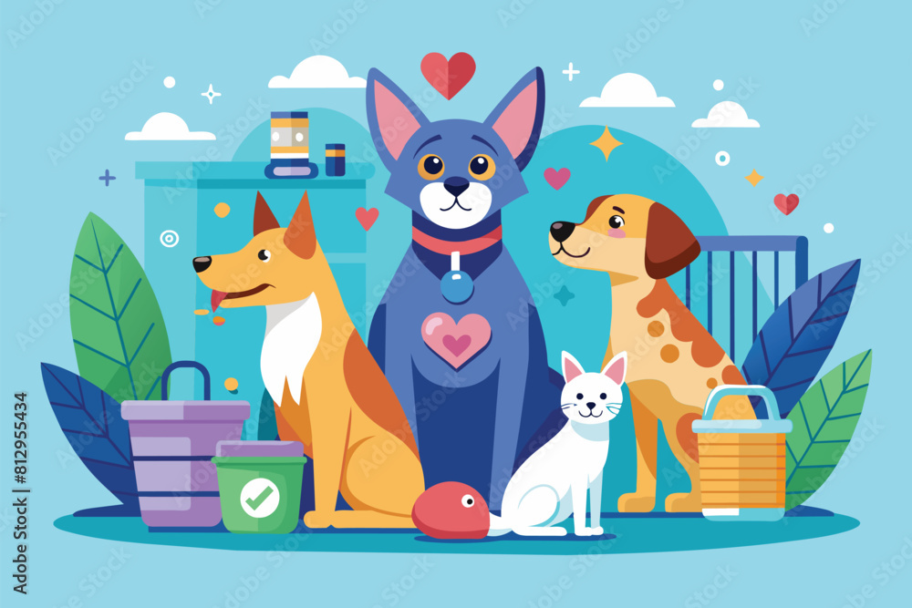 Multiple dogs of various breeds seated closely together, Pet care Customizable Semi Flat Illustration Multiple dogs of various breeds seated closely together, Pet care Customizable Semi Flat Illustration