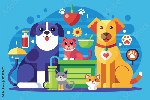 A group of diverse dogs and cats are sitting  showcasing harmony between different animal species  Pet care Customizable Flat Illustration