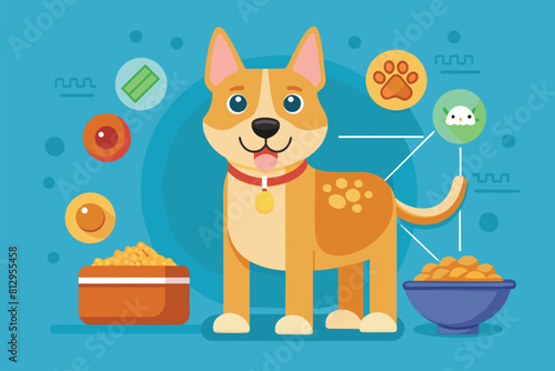 A dog standing beside a bowl filled with pet food, ready to eat, Pet food Customizable Disproportionate Illustration