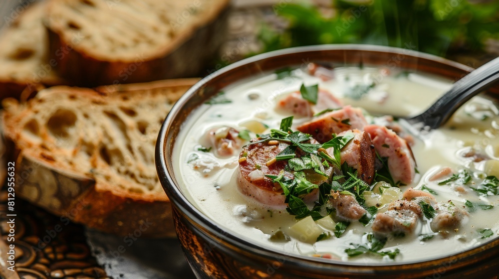 Creamy broth with slices of sausage and greens, with a piece of rye bread to the side, on a carved wooden table. Creamy broth with slices of sausage and greens, with a piece of rye bread to the side, on a carved wooden table.