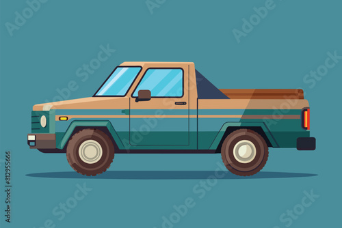 Flatbed truck with wooden top standing against a blue background, Pick up truck Customizable Flat Illustration