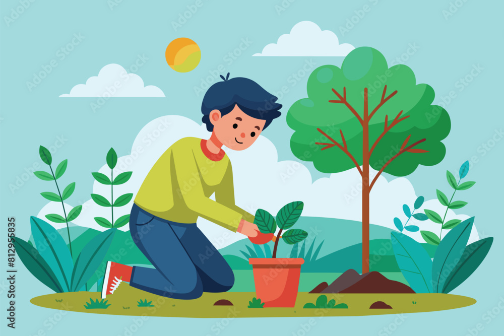 A man is kneeling down to plant a tree in this customizable cartoon illustration, Planting tree Customizable Cartoon Illustration A man is kneeling down to plant a tree in this customizable cartoon illustration, Planting tree Customizable Cartoon Illustration