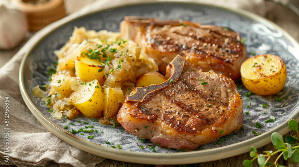 Perfectly seared pork chops with seasoned baby potatoes and sauerkraut, garnished with fresh herbs on a rustic ceramic plate Perfectly seared pork chops with seasoned baby potatoes and sauerkraut, garnished with fresh herbs on a rustic ceramic plate
