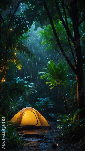Tranquil Tropic Rain, Tent Amid Forest Canopy, Rainfall Whispering a Calm Night's Meditation.
