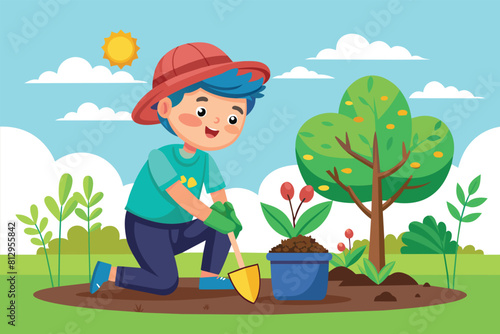 A young boy energetically digs in the ground using a shovel, Planting tree Customizable Cartoon Illustration