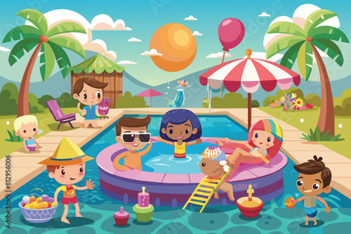 A group of kids having fun playing in a pool at a colorful pool party cartoon illustration, Pool party Customizable Cartoon Illustration