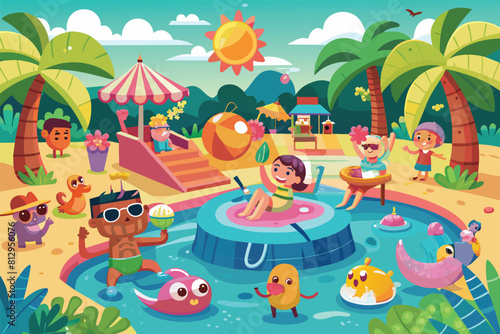 Group of kids having fun in a pool during a summer pool party, Pool party Customizable Cartoon Illustration