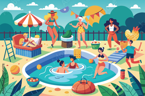 Group of individuals having fun in a pool surrounded by colorful umbrellas on a sunny day, Pool party Customizable Flat Illustration