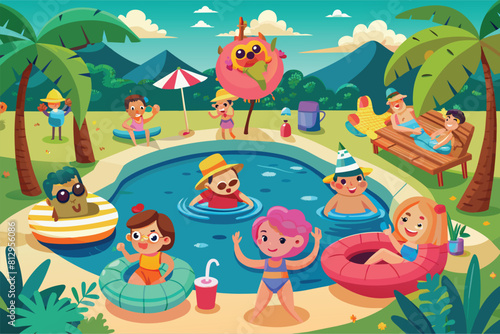 A group of children laughing and splashing around in a pool on a sunny day, Pool party Customizable Disproportionate Illustration
