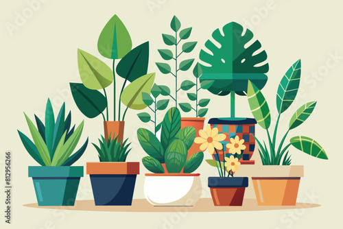 A variety of potted plants arranged on a table, showcasing different shapes and sizes, Potted plants Customizable Disproportionate Illustration