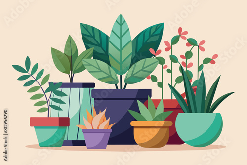 Several potted plants arranged neatly on top of a table, Potted plants Customizable Semi Flat Illustration