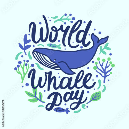 World whale day hand lettering poster, vector flat design