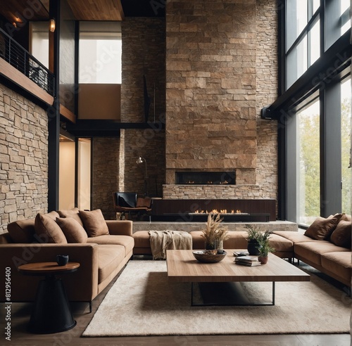 Brown sofas in a room with a high ceiling against a wall dressed in stone tiles. Contemporary living room interior design featuring a loft.