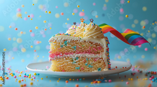 A delicious slice of cake decorated with rainbow sprinkles and a small figurine of a person with a non-binary pride flag cape, on a background of light blue. photo