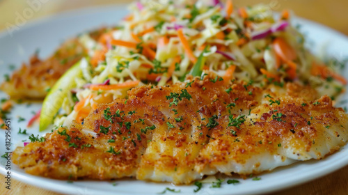 Crispy breaded fish fillet with fresh coleslaw salad on a white plate  a delicious and healthy meal choice