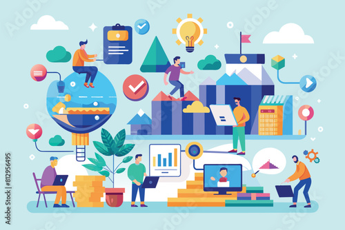 A group of diverse professionals working together on customizing project stages in a flat illustration, Project stages Customizable Flat Illustration