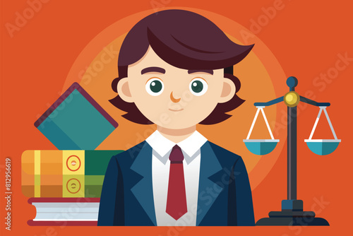 A man in a suit stands next to a scale of justice, symbolizing legality and fairness, Prosecutor Customizable Cartoon Illustration