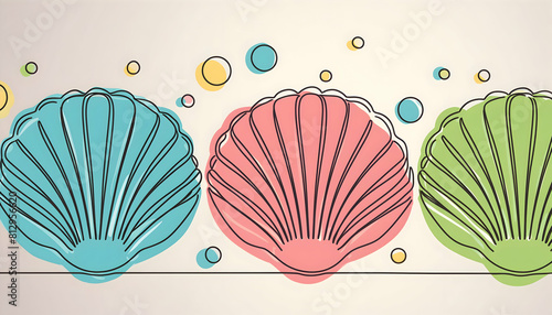 Colorful pearl shells with continuous one line style on digital art concept.