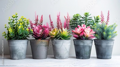 A variety of succulents and other plants in pots, on a whitewashed wooden background.