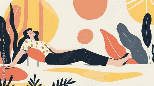 A minimalist illustration depicting a person resting after a workout, accompanied by abstract patterns symbolizing relaxation