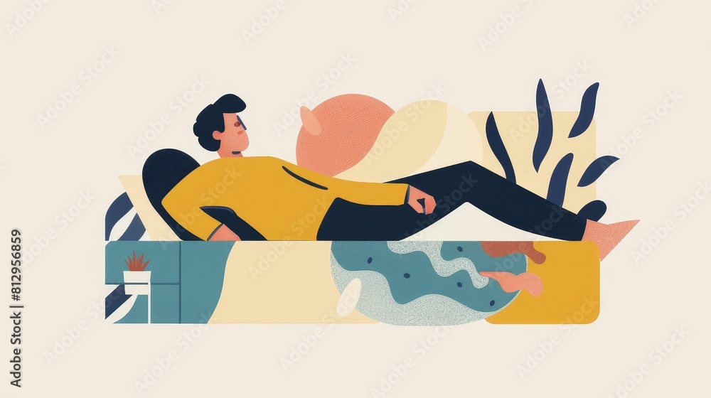 A minimalist illustration depicting a person resting after a workout, accompanied by abstract patterns symbolizing relaxation
