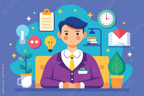 A man seated on a couch, facing a clock, Psychologist Customizable Flat Illustration