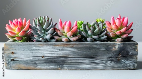 A wooden box filled with various succulents