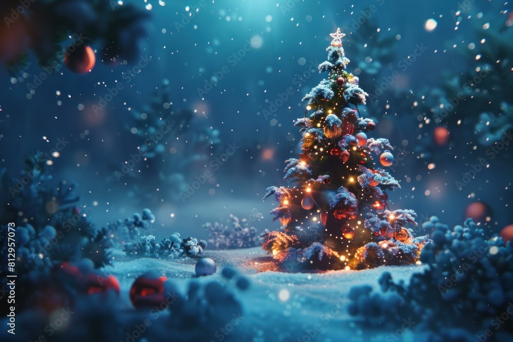 Magical christmas tree adorned with lights and snowflakes against a mystical wintry backdrop Magical christmas tree adorned with lights and snowflakes against a mystical wintry backdrop