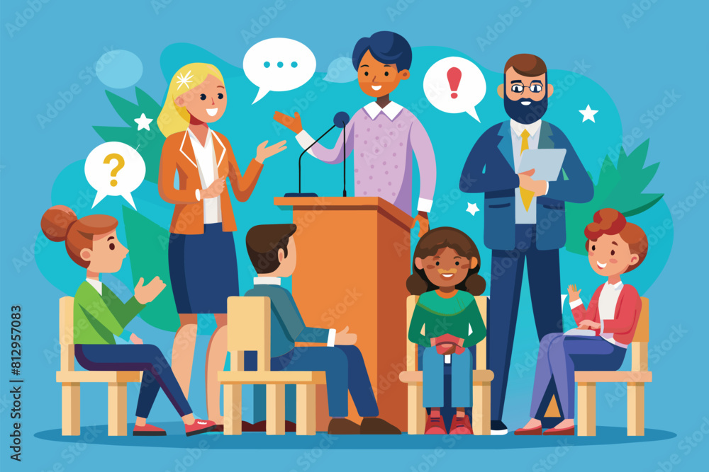 A group of individuals gathered around a podium, possibly for a public talk or presentation, Public talk Customizable Disproportionate Illustration A group of individuals gathered around a podium, possibly for a public talk or presentation, Public talk Customizable Disproportionate Illustration