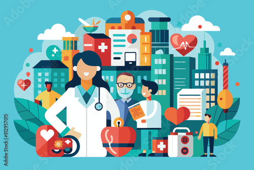A doctor standing in front of a group of individuals, possibly discussing important health issues or giving a presentation, Public health Customizable Flat Illustration