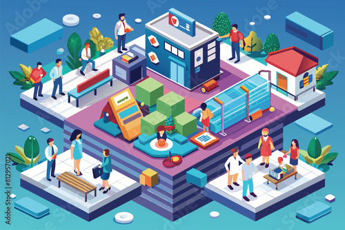 Various individuals in casual attire standing around a modern building, Public health Customizable Isometric Illustration