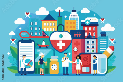 A crowd standing around and examining a medical equipment in a public health setting, Public health Customizable Semi Flat Illustration