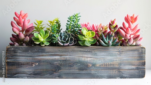 A variety of succulents in a rustic wooden box. The succulents are mostly green with some pink and purple. The wooden box is painted a light gray color.