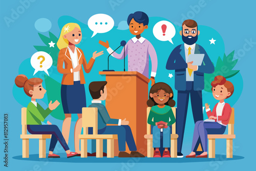 A group of individuals gathered around a podium  possibly for a public talk or presentation  Public talk Customizable Disproportionate Illustration