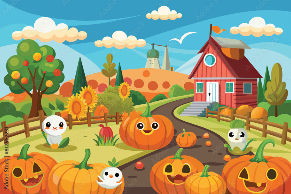 Obraz premium Collection of pumpkins arranged on top of a road, displaying vivid autumn colors, Pumpkin patch Customizable Cartoon Illustration