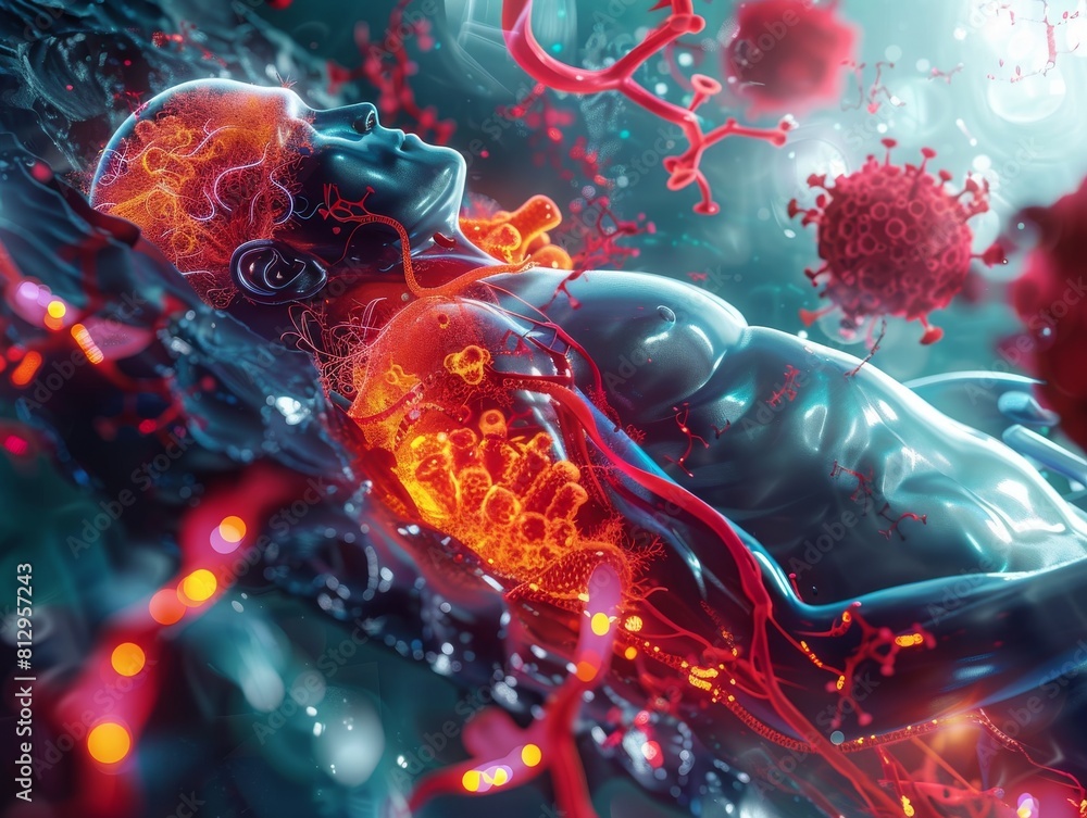 A man is lying on a bed with red blood flowing from his body A man is lying on a bed with red blood flowing from his body