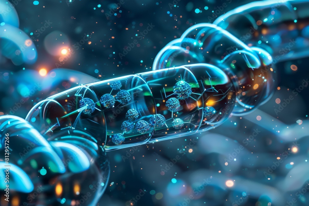A chain of DNA is shown in a blue and green color scheme A chain of DNA is shown in a blue and green color scheme