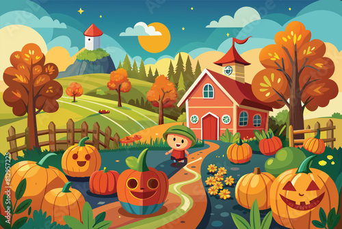 A young child happily rides a toy train through a vibrant pumpkin patch on a sunny day, Pumpkin patch Customizable Cartoon Illustration