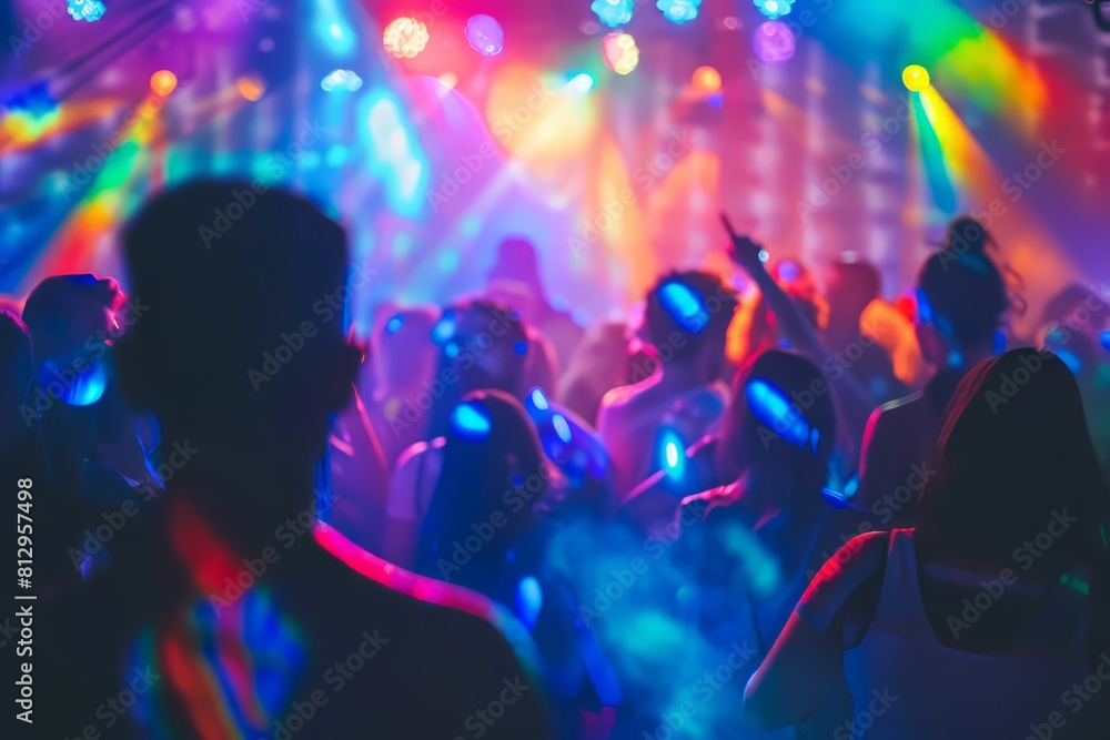 crowd of people are dancing at a silent disco with colorful lights in the background.