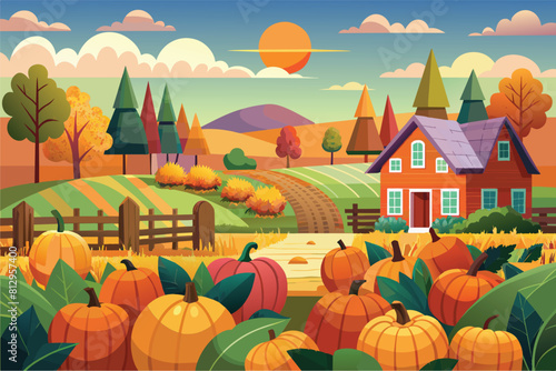 An illustration of a farm with pumpkins in the foreground, Pumpkin patch Customizable Semi Flat Illustration
