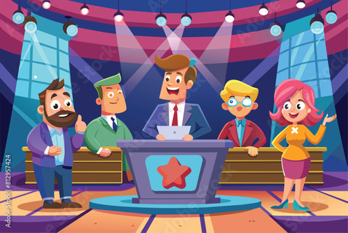 A group of people are standing on a stage, possibly participating in a quiz show or event, Quiz show Customizable Cartoon Illustration