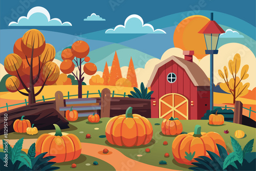 A farm with pumpkins growing in a patch in front of a traditional red barn, Pumpkin patch Customizable Flat Illustration