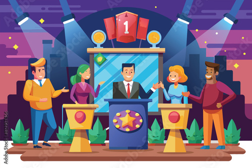 A group of individuals standing around a podium, possibly in a quiz show setting, Quiz show Customizable Flat Illustration