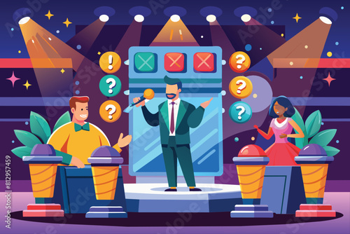 A man stands on a stage, holding a microphone, Quiz show Customizable Disproportionate Illustration