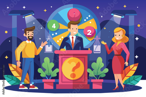 A group of individuals standing and interacting around a table, Quiz show Customizable Flat Illustration