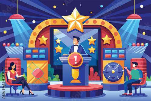 A man and woman are standing on a stage in a quiz show setting, possibly answering questions or interacting with the audience, Quiz show Customizable Semi Flat Illustration